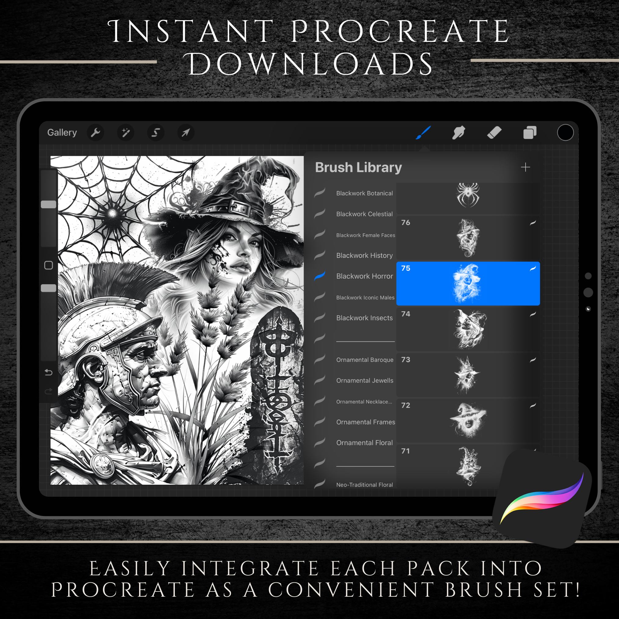 Blackwork Tattoo Mega Bundle – 1,000 High-Resolution Blackwork Designs for Procreate & Sketchbook (Includes 10 Packs, PDF & PNG)