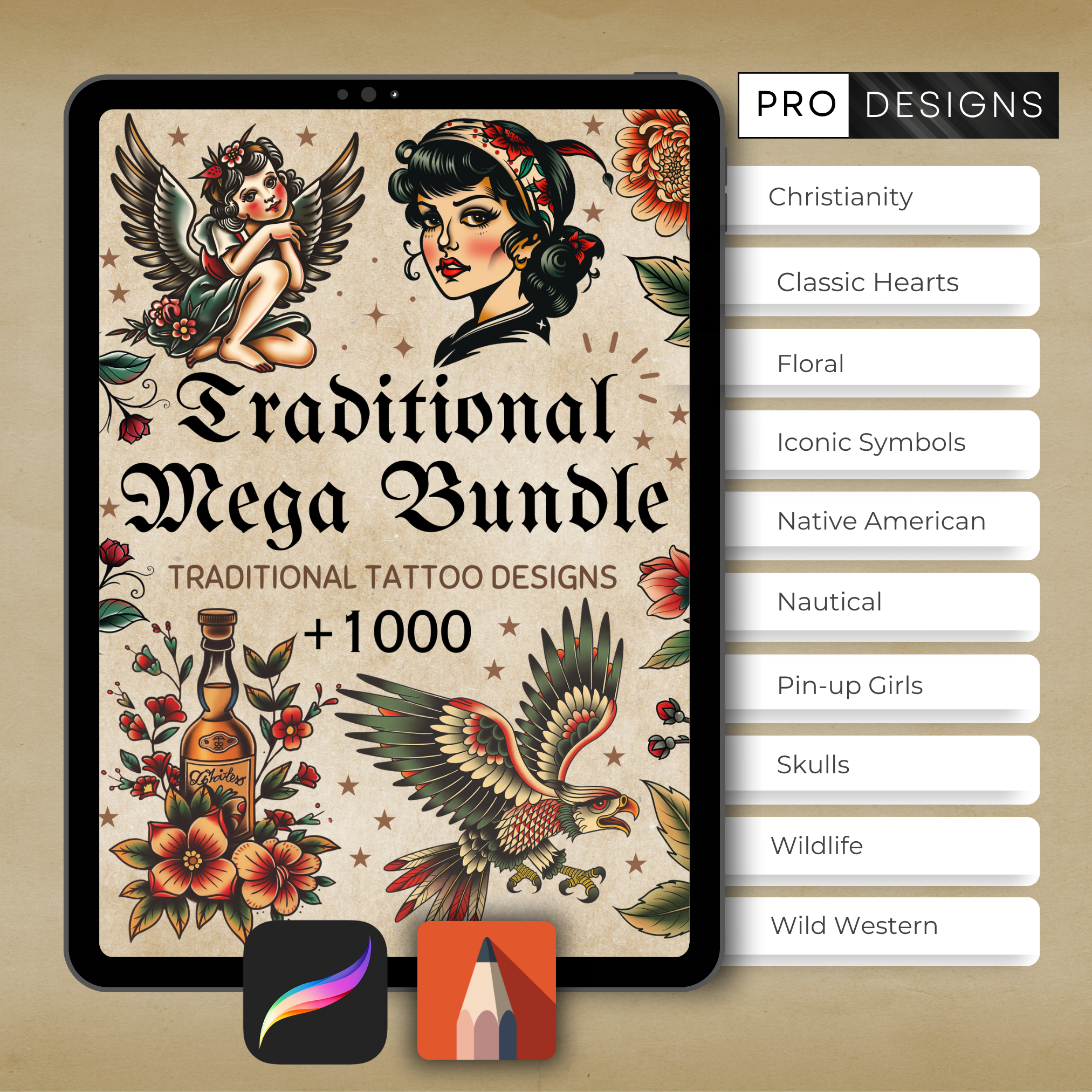 Traditional Tattoo Mega Bundle – 1,000 Exclusive High-Resolution Designs for Procreate & Sketchbook (Includes 10 Packs, PDF & PNG)