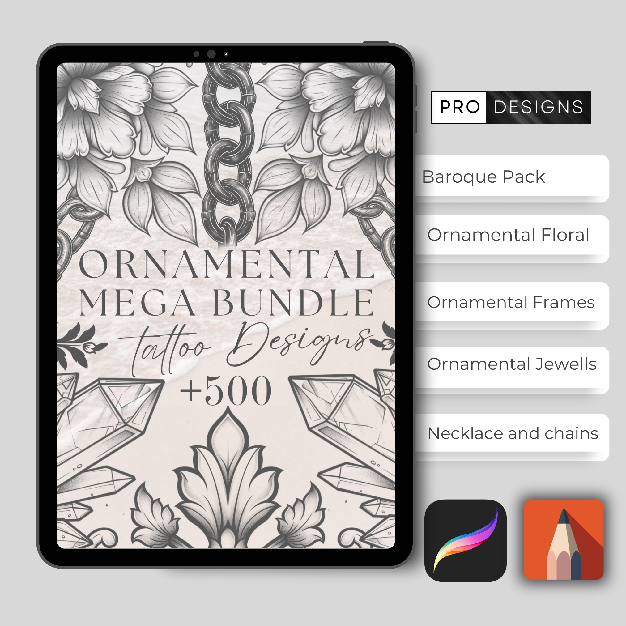 Ornamental Tattoo Mega Bundle – 1,000 Intricate Ornamental Designs for Procreate & Sketchbook (Includes 10 Packs, PDF & PNG)