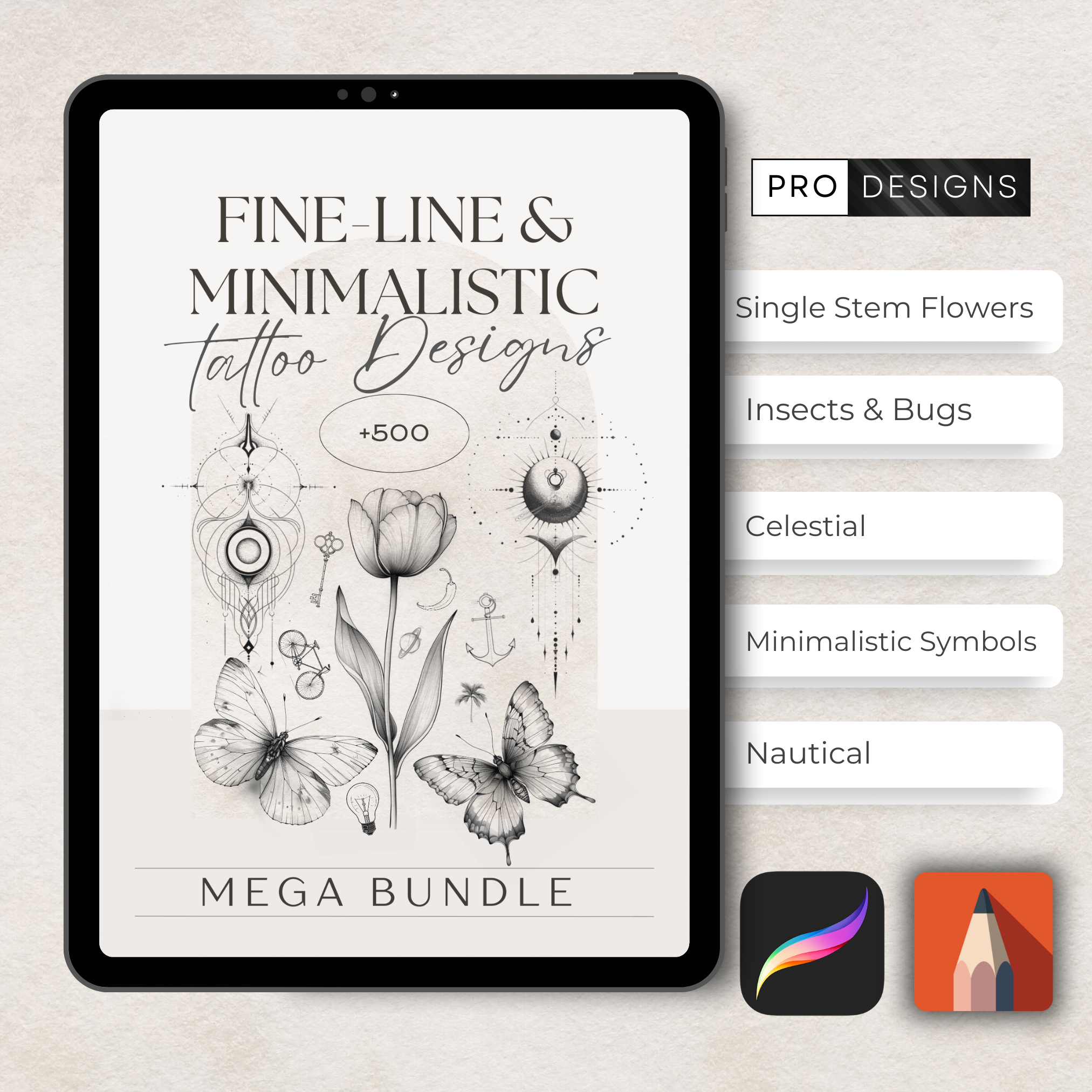 Fineline & Minimalistic Tattoo Mega Bundle – 1,000 Elegant Fineline Designs for Procreate & Sketchbook (Includes 10 Packs, PDF & PNG)