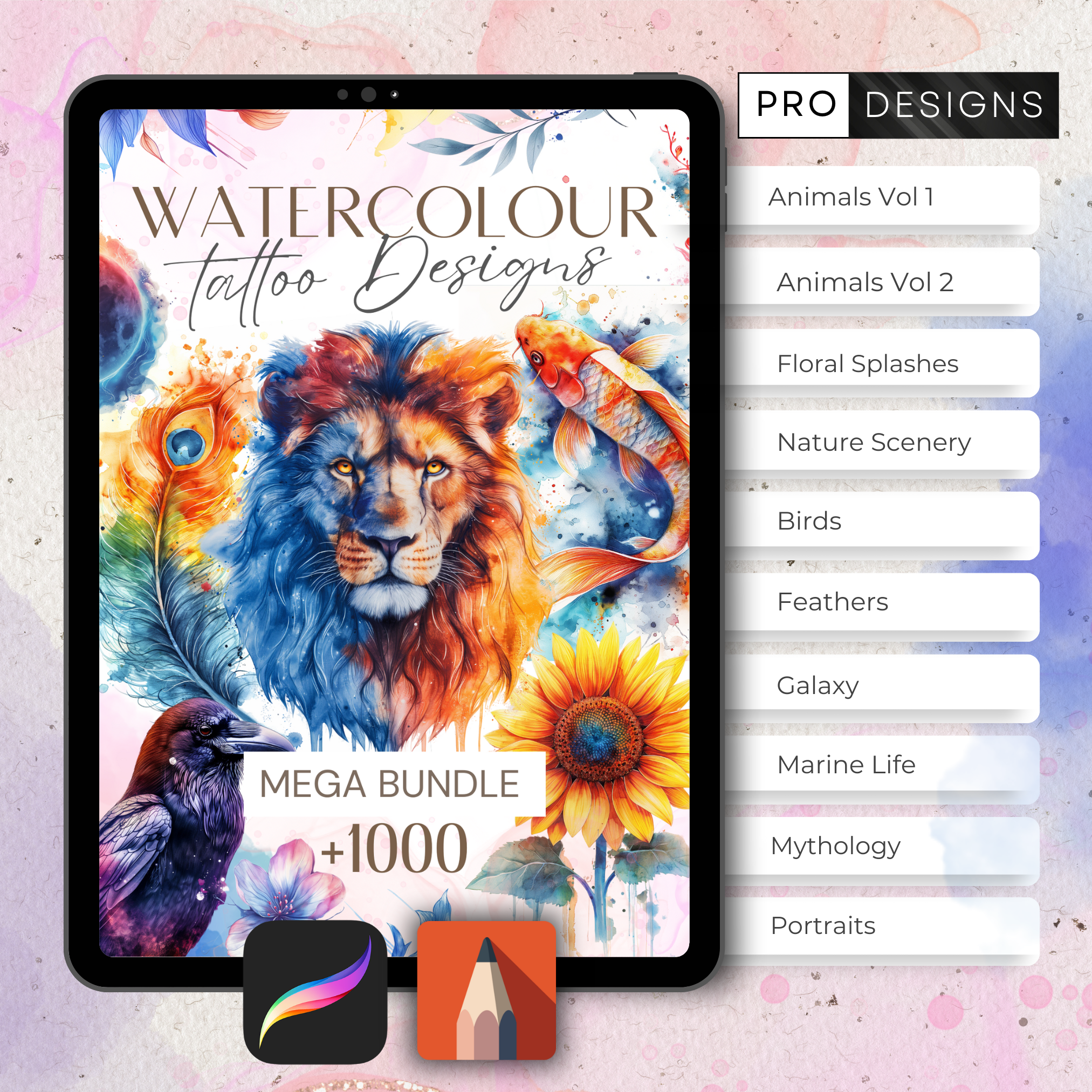 Watercolour Tattoo Mega Bundle – 1,000 Vibrant Watercolour Designs for Procreate & Sketchbook (Includes 10 Packs, PDF & PNG)