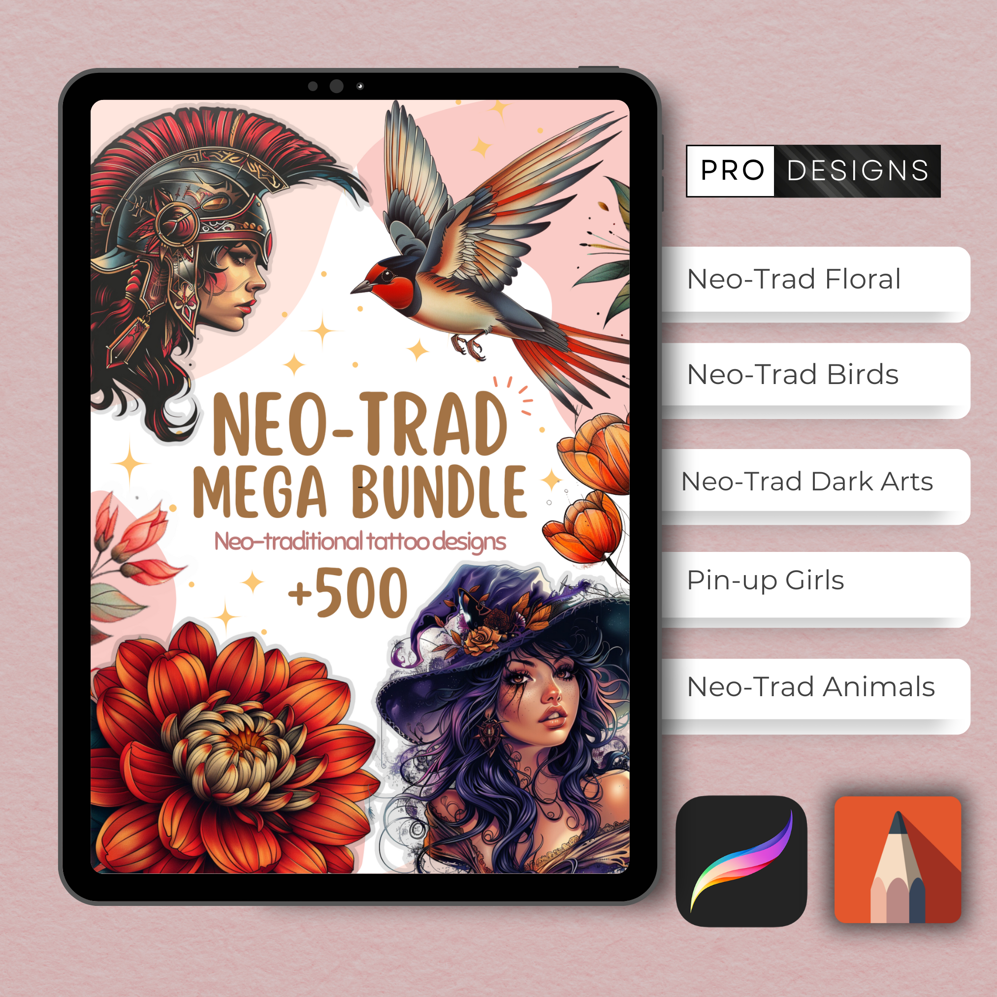 Neo-Traditional Tattoo Mega Bundle – 1,000 Bold Neo-Traditional Designs for Procreate & Sketchbook (Includes 10 Packs, PDF & PNG)