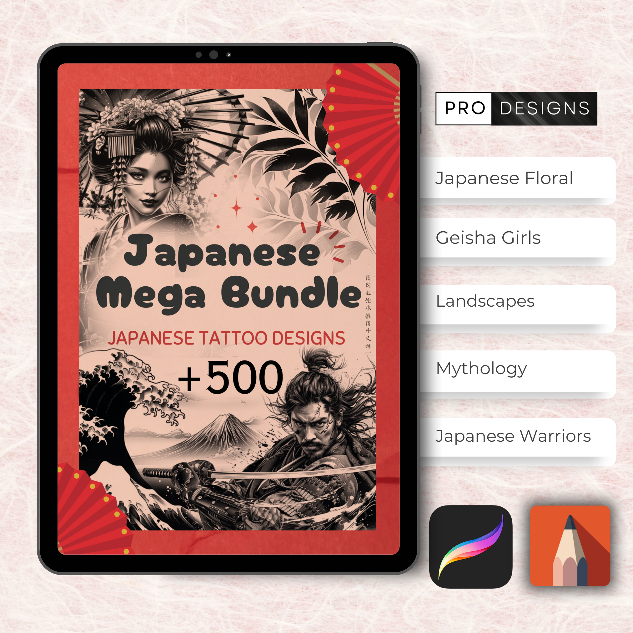 Japanese Tattoo Mega Bundle – 1,000 Traditional Japanese Designs for Procreate & Sketchbook (Includes 10 Packs, PDF & PNG)