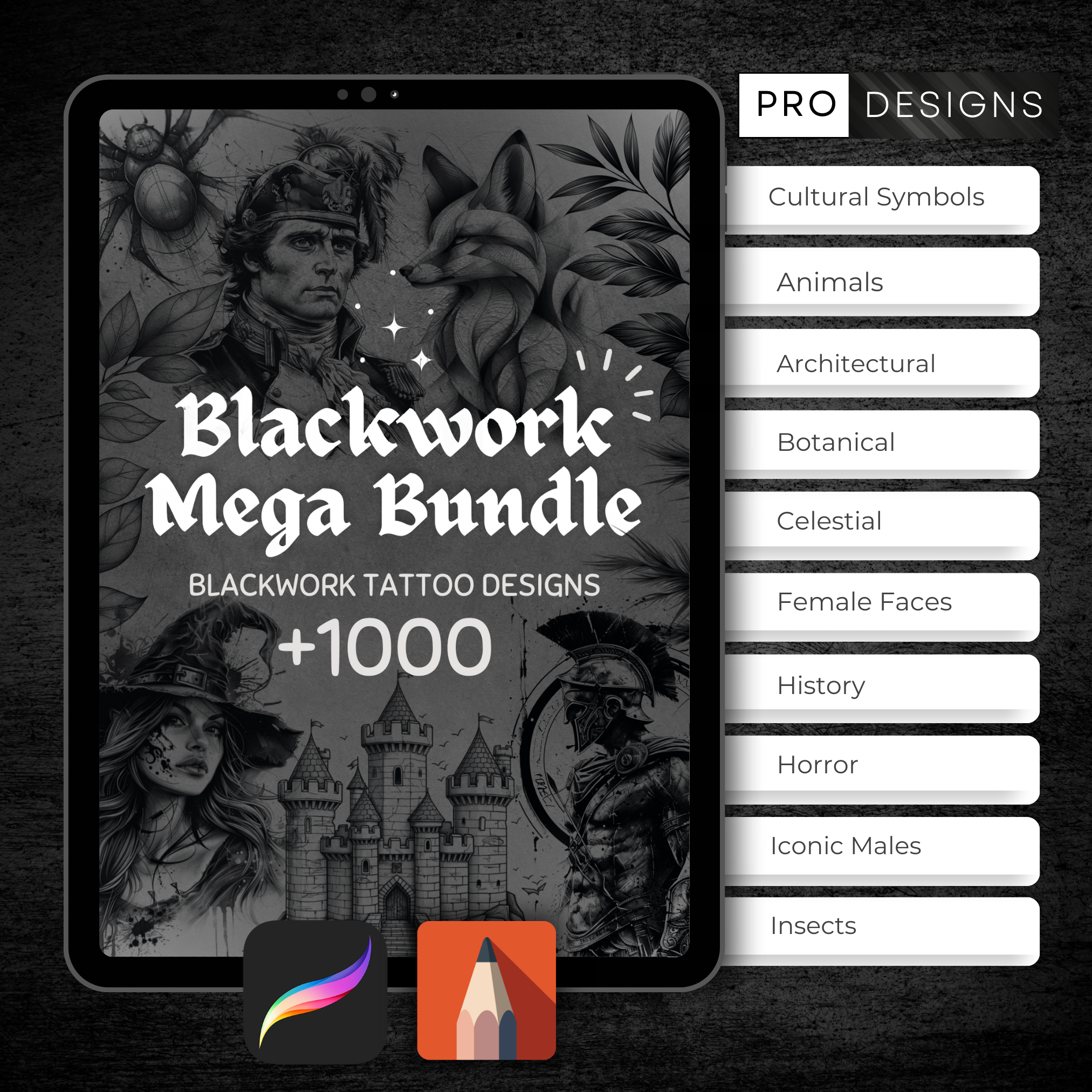 Blackwork Tattoo Mega Bundle – 1,000 High-Resolution Blackwork Designs for Procreate & Sketchbook (Includes 10 Packs, PDF & PNG)