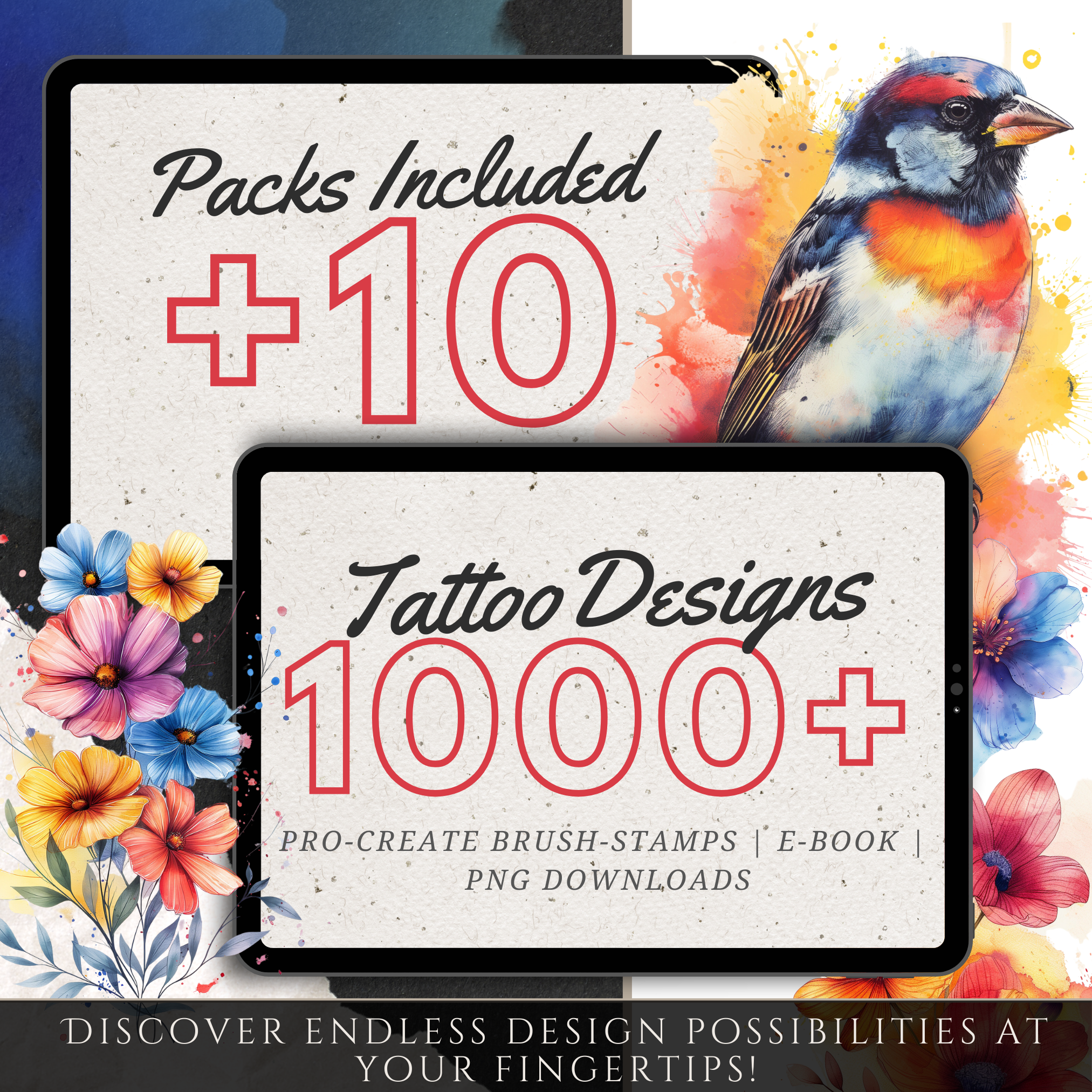 Watercolour Tattoo Mega Bundle – 1,000 Vibrant Watercolour Designs for Procreate & Sketchbook (Includes 10 Packs, PDF & PNG)