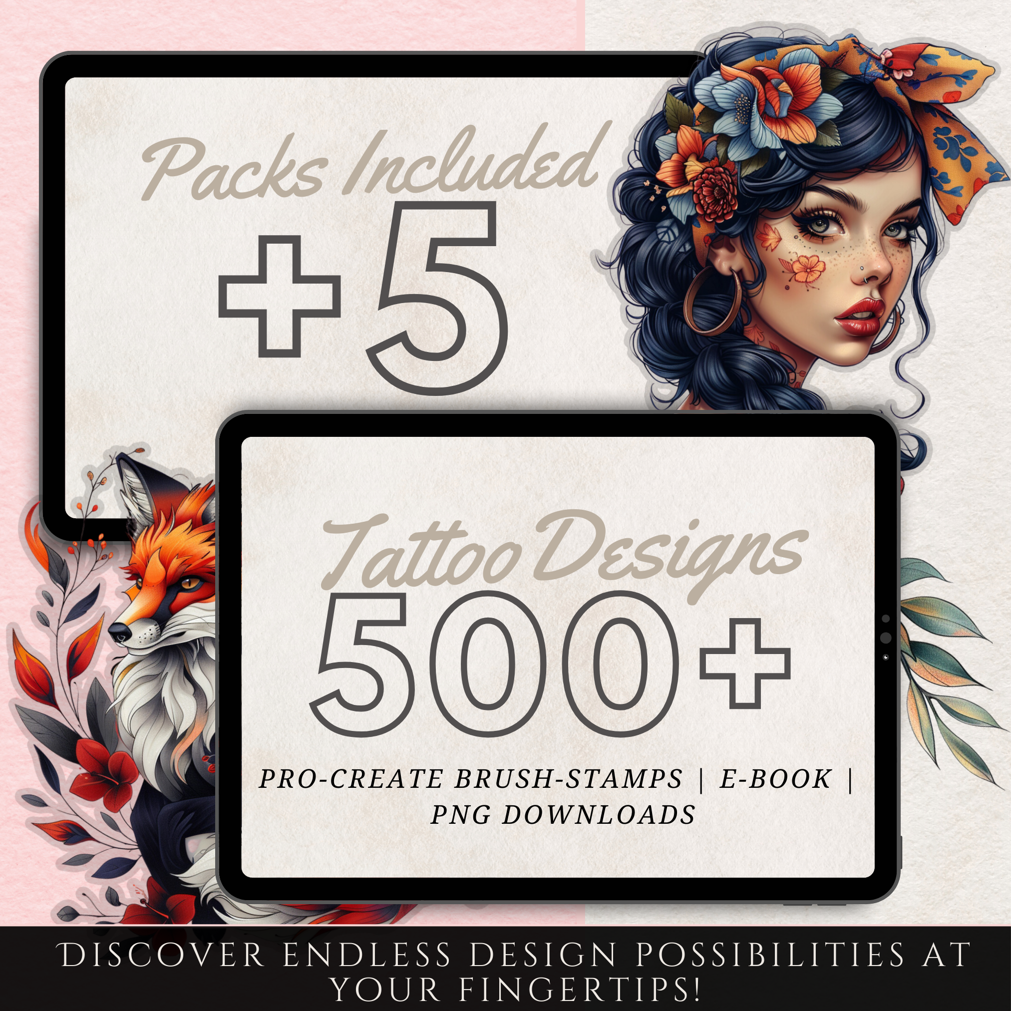 Neo-Traditional Tattoo Mega Bundle – 1,000 Bold Neo-Traditional Designs for Procreate & Sketchbook (Includes 10 Packs, PDF & PNG)