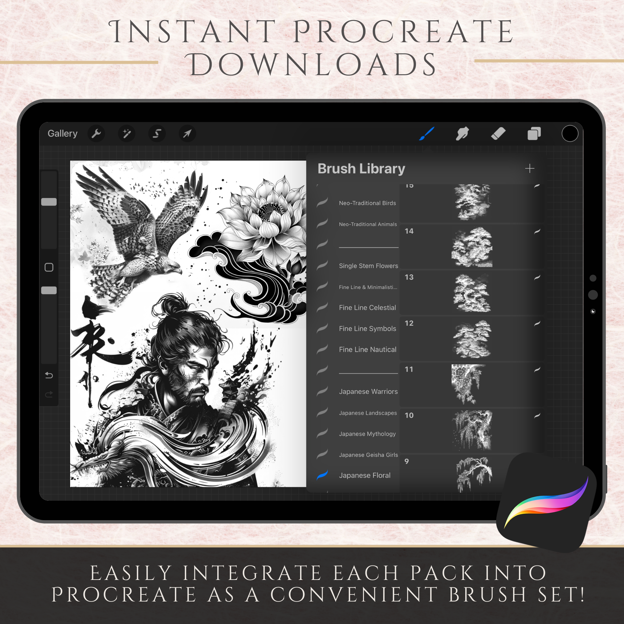 Japanese Tattoo Mega Bundle – 1,000 Traditional Japanese Designs for Procreate & Sketchbook (Includes 10 Packs, PDF & PNG)