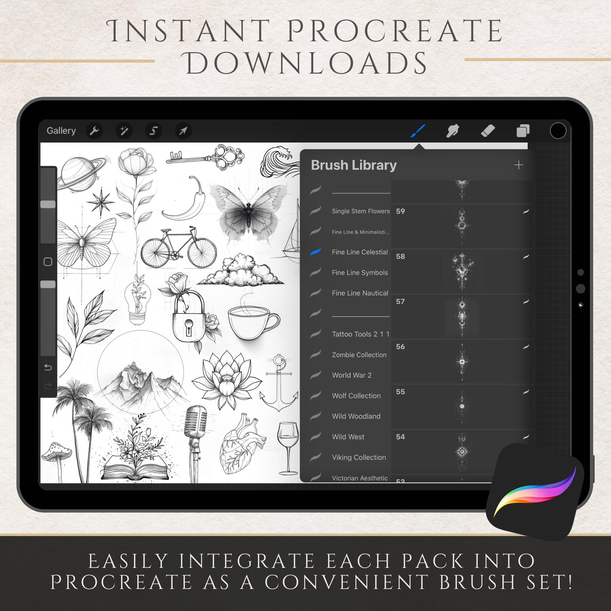 Fineline & Minimalistic Tattoo Mega Bundle – 1,000 Elegant Fineline Designs for Procreate & Sketchbook (Includes 10 Packs, PDF & PNG)