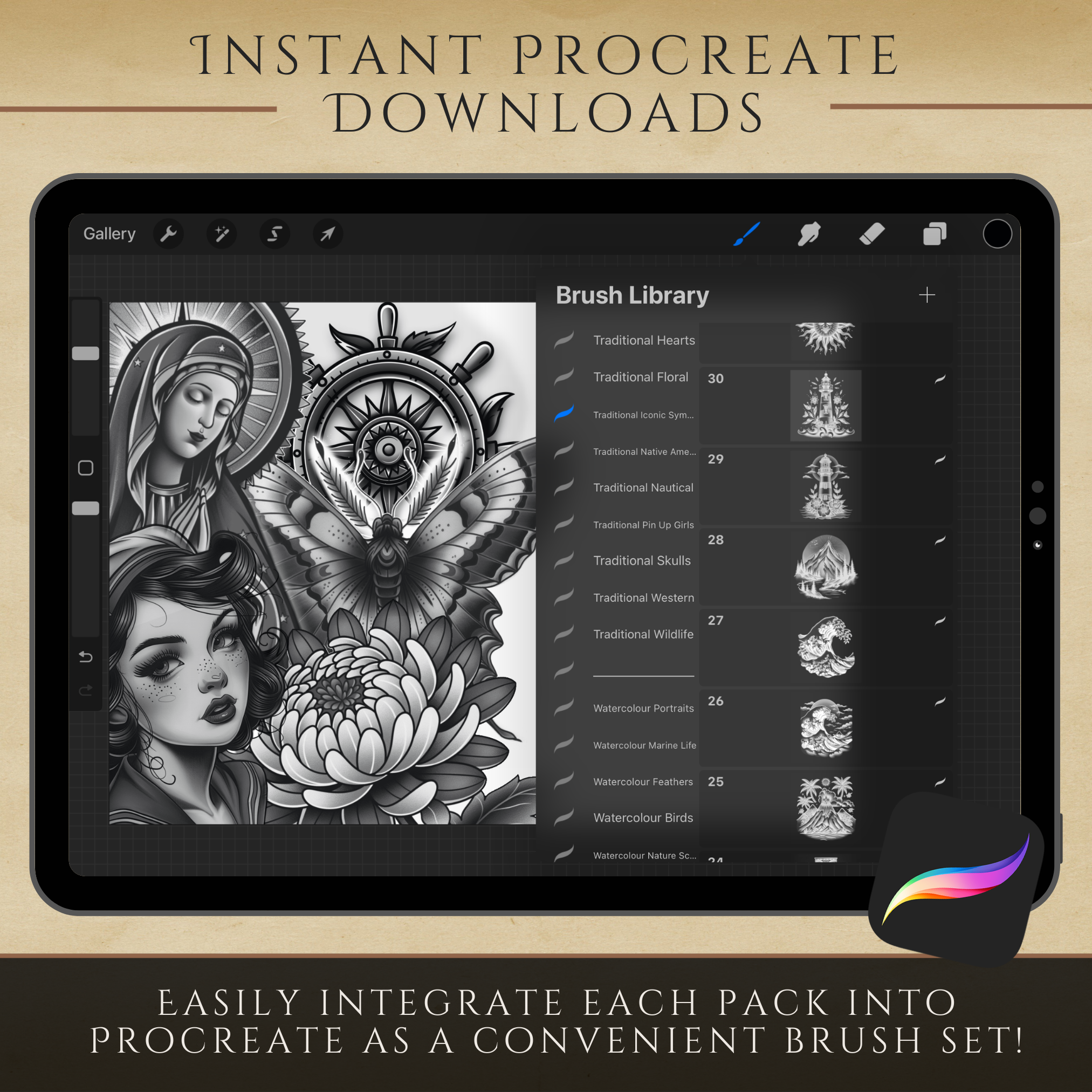 Traditional Tattoo Mega Bundle – 1,000 Exclusive High-Resolution Designs for Procreate & Sketchbook (Includes 10 Packs, PDF & PNG)