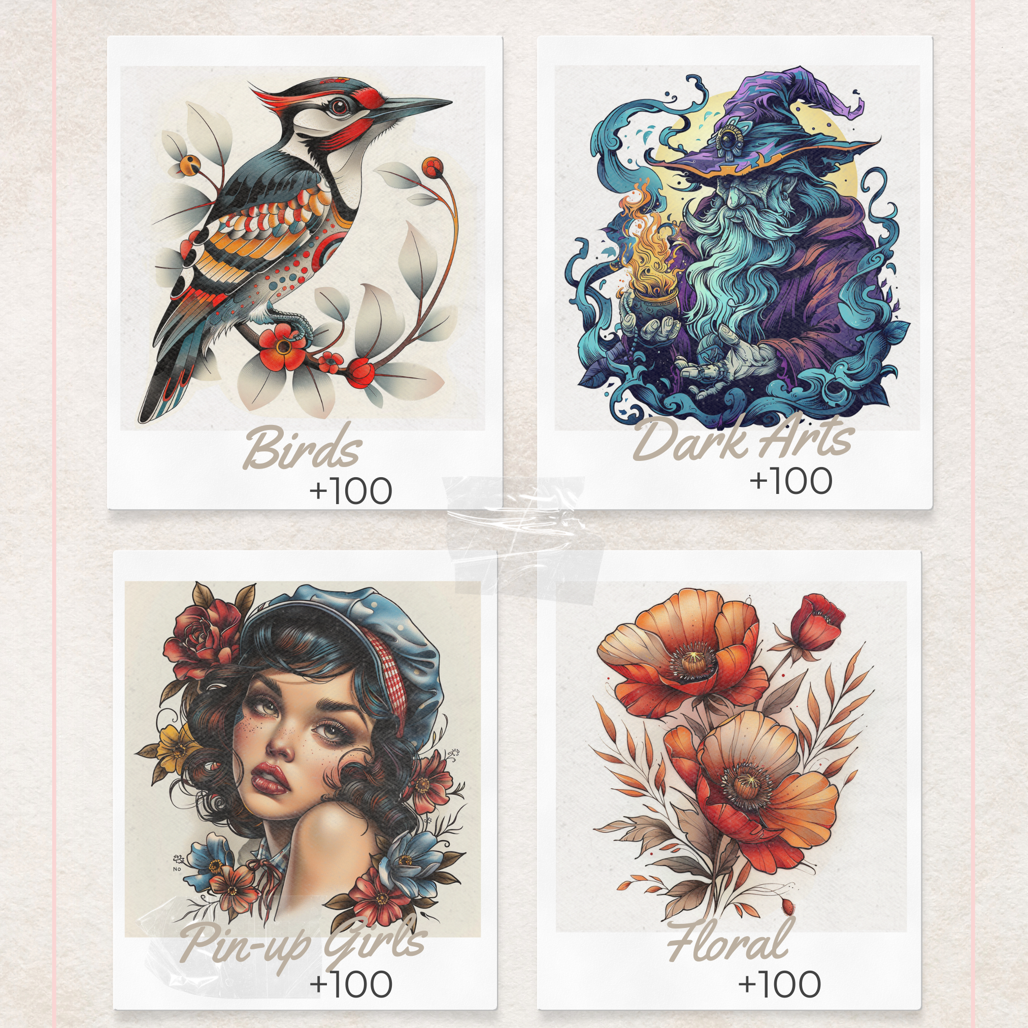 Neo-Traditional Tattoo Mega Bundle – 1,000 Bold Neo-Traditional Designs for Procreate & Sketchbook (Includes 10 Packs, PDF & PNG)